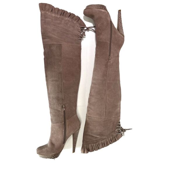 Steve Madden Size 7 Knee High Boots Taupe Suede Platform Sexy Ruffle Lilianna - Picture 2 of 16
